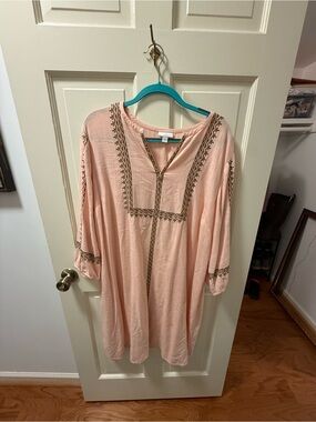 H by Halston Peach Tunic Dress with Brown Embroidered Trim